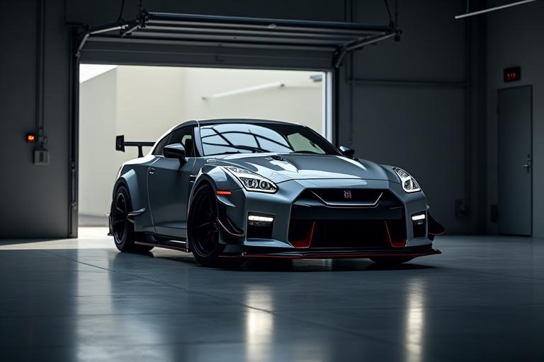 完全にチューニングされた日産スカイラインGT-Rがガレージから出てくる